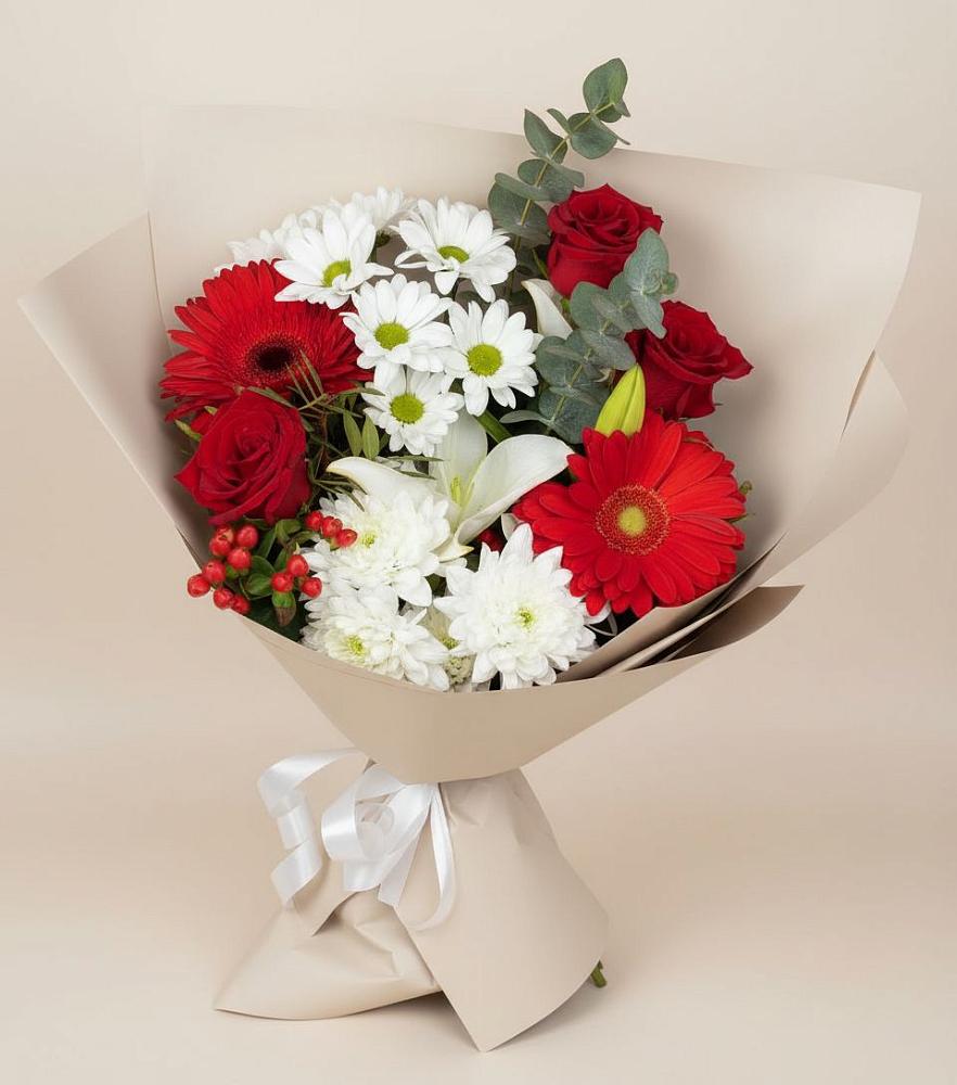 Букет цветов из: Розы, Хризантемы, Герберы и Лилии в Приволжском Республики Марий Эл