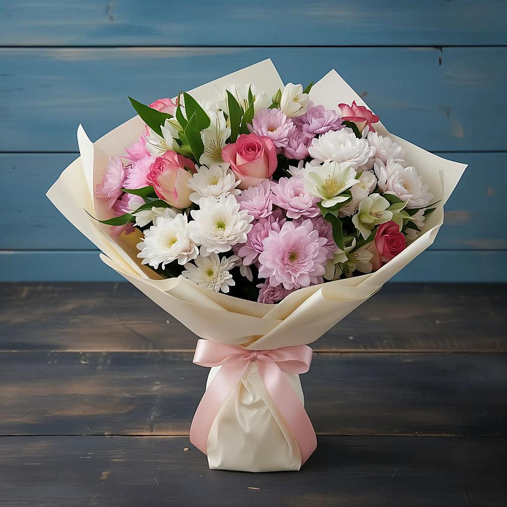 Букет цветов из: Хризантемы, Альстромерии и Розы в Приволжском Республики Марий Эл